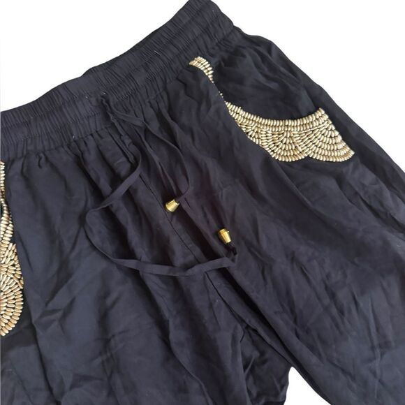 Ava Sky Black Rayon Pants Gold studded trim pockets one size NWT - Picture 3 of 6